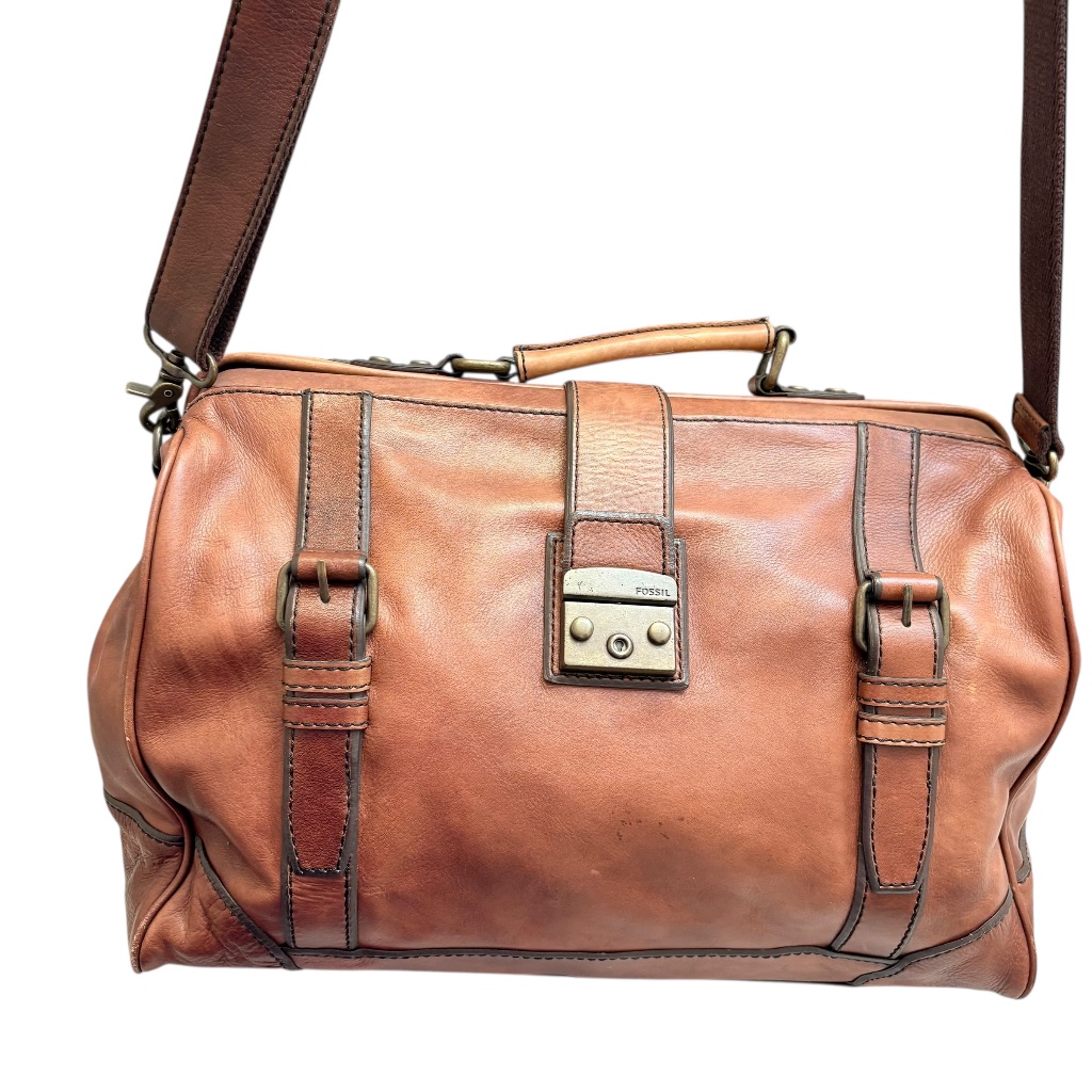 Fossil Vintage Brown Leather Frame Satchel Duffle Bag Weathered